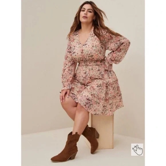 TORRID Multi Fall Floral/Leaf Colored Mini Tiered Chiffon Lurex Dress, Sz 6,EUC. - Picture 12 of 15